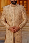 Shop_Vanshik_Gold Raw Silk Embroidered Sherwani Set_Online_at_Aza_Fashions