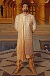 Buy_Vanshik_Gold Raw Silk Embroidered Sherwani Set _at_Aza_Fashions