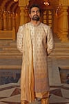 Vanshik_Gold Raw Silk Embroidered Sherwani Set _Online_at_Aza_Fashions