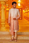 Buy_Vanshik_Peach Raw Silk Embroidered Sherwani Set _at_Aza_Fashions