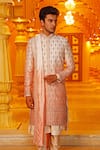 Vanshik_Peach Raw Silk Embroidered Sherwani Set _Online_at_Aza_Fashions