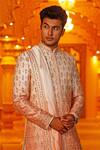 Buy_Vanshik_Peach Raw Silk Embroidered Sherwani Set _Online_at_Aza_Fashions