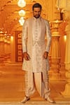 Buy_Vanshik_Beige Brocade Silk Sherwani And Dhoti Pant Set _at_Aza_Fashions