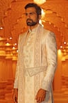 Shop_Vanshik_Beige Brocade Silk Sherwani And Dhoti Pant Set _at_Aza_Fashions