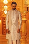 Vanshik_Beige Brocade Silk Sherwani And Dhoti Pant Set _Online_at_Aza_Fashions