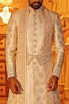 Buy_Vanshik_Beige Brocade Silk Sherwani And Dhoti Pant Set _Online_at_Aza_Fashions