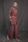 Buy_Show Shaa_Maroon Modal Satin Lining Shantoon Mandarin Embroidered Jacket And Pant Set _at_Aza_Fashions