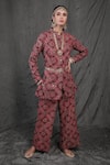 Show Shaa_Maroon Modal Satin Lining Shantoon Mandarin Embroidered Jacket And Pant Set _Online_at_Aza_Fashions