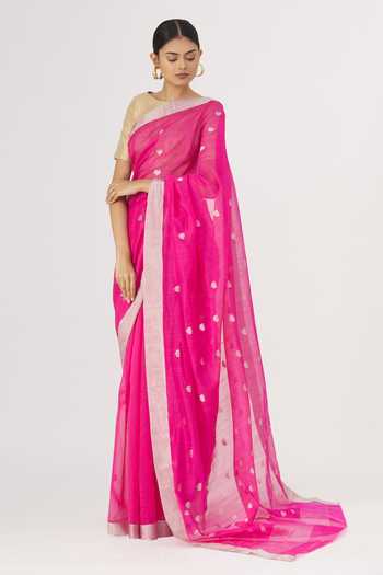 Mint N Oranges_Pink Pure Chanderi Saree _Online_at_Aza_Fashions