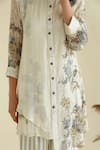 Shop_Kalista_Beige Crepe, Slub Mandarin Floral Print Kurta And Striped Pant Set _Online_at_Aza_Fashions