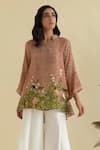 Kalista_Beige Crepe, Mandarin Floral Print Kurta And Flared Pant Set _Online_at_Aza_Fashions