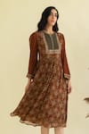 Kalista_Brown Viscose Georgette Notched Floral Print Dress _Online_at_Aza_Fashions