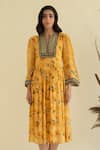 Kalista_Yellow Viscose Georgette Notched Floral Print Dress _Online_at_Aza_Fashions