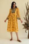 Buy_Kalista_Yellow Viscose Georgette Notched Floral Print Dress _at_Aza_Fashions