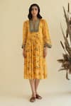 Buy_Kalista_Yellow Viscose Georgette Notched Floral Print Dress _Online_at_Aza_Fashions