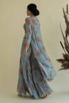 Shop_Kalista_Blue Viscose V Neck Floral Print Cape And Gharara Set _at_Aza_Fashions