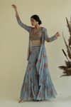 Kalista_Blue Viscose V Neck Floral Print Cape And Gharara Set _Online_at_Aza_Fashions