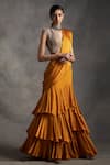 Buy_Bhumika Sharma_Yellow Satin Crepe V Neck Ruffle Pre-draped Lehenga Saree_at_Aza_Fashions