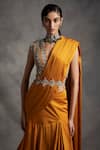 Bhumika Sharma_Yellow Satin Crepe V Neck Ruffle Pre-draped Lehenga Saree_at_Aza_Fashions