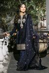 Buy_Reynu Taandon_Blue Velvet Notched Embroidered Kurta Set _at_Aza_Fashions