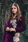Shop_Reynu Taandon_Purple Velvet Notched Embroidered Kurta Set _at_Aza_Fashions