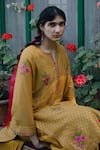Label Earthen_Yellow Kurta Pashmina Silk Salwar Chanderi Silk Dupatta Foil Print Set _Online_at_Aza_Fashions