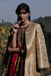 Shop_Label Earthen_Gold Kurta And Sharara Handwoven Banarasi Silk Jacket & Set  _at_Aza_Fashions