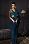 Mani Bhatia_Blue Satin Sweetheart Neck Pre-draped Saree With Blouse _Online_at_Aza_Fashions