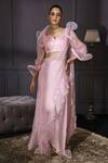 Buy_Mani Bhatia_Pink Satin Sweetheart Neck Organza Pre-draped Ruffle Saree With Blouse _at_Aza_Fashions
