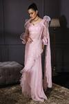 Shop_Mani Bhatia_Pink Satin Sweetheart Neck Organza Pre-draped Ruffle Saree With Blouse _at_Aza_Fashions