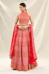 Vandana Sethi_Red Banarasi Chanderi Halter Bridal Lehenga Set _Online_at_Aza_Fashions