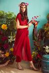 Tasuvure_Red Pleated Polyster Round Asymmetric Kurta And Pant Set_Online_at_Aza_Fashions