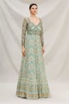 Buy_Neha Mehta Couture_Blue Lucknowi V Neck Anarkali Gown _Online_at_Aza_Fashions