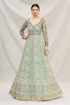 Buy_Neha Mehta Couture_Blue Lucknowi V Neck Anarkali Gown _at_Aza_Fashions