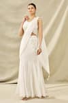 Buy Arpan Vohra White Tulle V Neck Embroidered Pre-draped Saree Set at Aza Fashions Buy_Arpan Vohra_White Tulle V Neck Embroidered Pre-draped Saree Set _at_Aza_Fashions