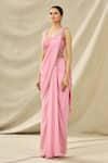 Arpan Vohra Pink Tulle, Georgette V Neck Pre-draped Saree With Embroidered Blouse Online at Aza Fashions Arpan Vohra_Pink Tulle, Georgette V Neck Pre-draped Saree With Embroidered Blouse _Online_at_Aza_Fashions