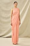 ARPAN VOHRA_Peach Tulle Halter Embroidered Pre-draped Saree Set _Online_at_Aza_Fashions