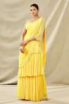 ARPAN VOHRA_Yellow Tulle Asymmetric Lehenga Saree And One Shoulder Blouse Set_Online_at_Aza_Fashions