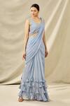 Arpan Vohra Blue Tulle, Georgette Scoop Neck Embroidered Pre-draped Saree Set Online at Aza Fashions Arpan Vohra_Blue Tulle, Georgette Scoop Neck Embroidered Pre-draped Saree Set _Online_at_Aza_Fashions