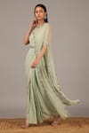 Buy_Nidhika Shekhar_Green Crepe Round Embroidered Saree Gown With Cape_Online_at_Aza_Fashions