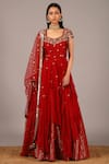 Buy_Nidhika Shekhar_Red Silk Georgette Leaf Neck Embroidered Kurta Lehenga Set _Online_at_Aza_Fashions