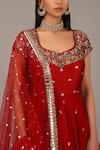 Shop_Nidhika Shekhar_Red Silk Georgette Leaf Neck Embroidered Kurta Lehenga Set _Online_at_Aza_Fashions