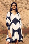 Buy_Kharakapas_Grey Mulmul V Neck Shibori Tent Dress _at_Aza_Fashions