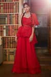 Shop_Label Sanya Gulati_Red Organza Asymmetric Ruffle Kurta And Palazzo Set _at_Aza_Fashions