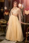 Buy_Label Sanya Gulati_Beige Georgette Sweetheart Neck Embroidered Cape And Pleated Lehenga Set _at_Aza_Fashions