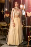 Shop_Label Sanya Gulati_Beige Georgette Sweetheart Neck Embroidered Cape And Pleated Lehenga Set _at_Aza_Fashions