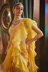 Buy_Label Sanya Gulati_Yellow Georgette Sweetheart Neck Pre-draped Ruffle Saree Set _Online_at_Aza_Fashions