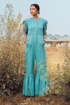 Buy_Oushk By Ussama Shabbir_Blue Handwoven Cotton Crushed Crew Neck Jumpsuit _at_Aza_Fashions