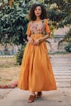 Buy_Oushk By Ussama Shabbir_Yellow Habutai Silk Scoop Neck Pleated Dress _at_Aza_Fashions