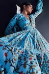 Limerick By Abirr N' Nanki_Blue Organza, Crepe V Neck Tiered Floral Print Dress _Online_at_Aza_Fashions